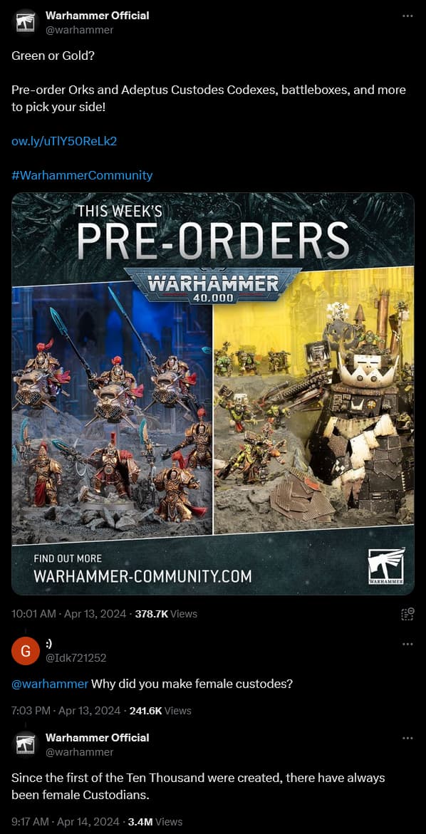 Games Workshop claims women have "always" been apart of the Adeptus Custode in Warhammer 40K.