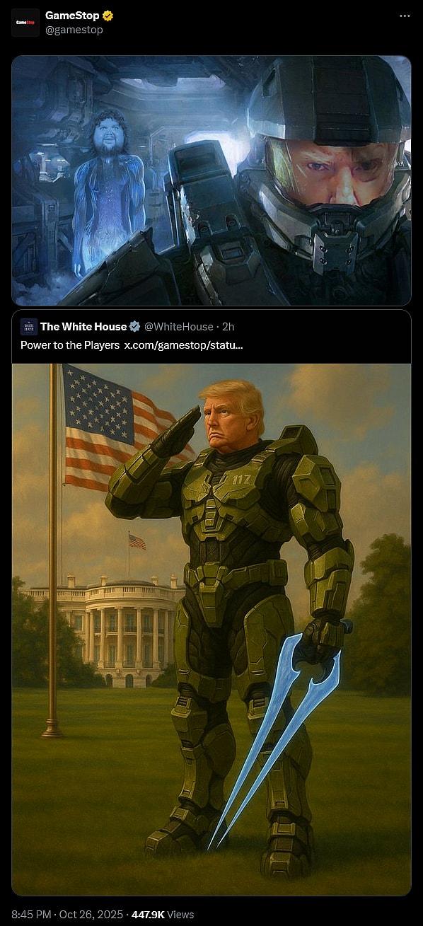 The Trump Admin and GameStop celebrate the end of the Console Wars with AI-generated images of Donald Trump and Master Chief.