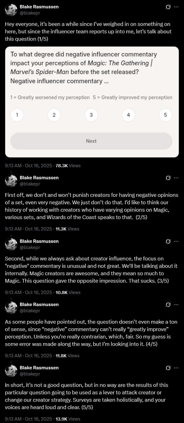 'Magic: The Gathering' comms director Blake Rasmussen apologizes for an invasive addition to their 'Marvel's Spider-Man' post-release survey.