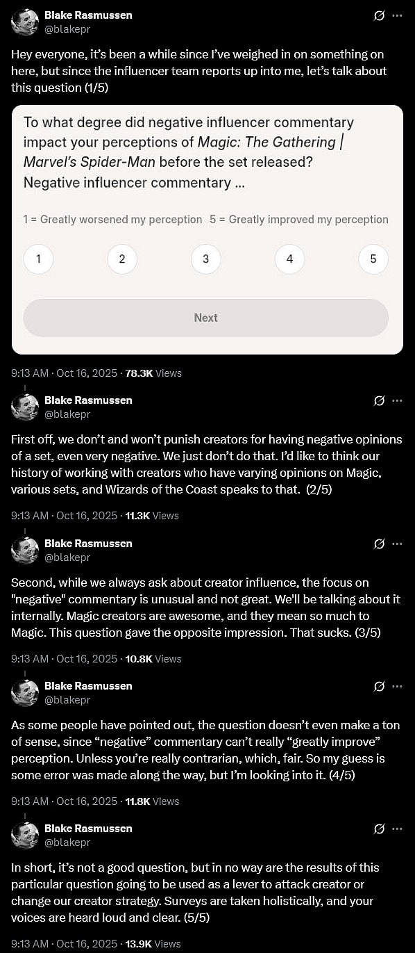 'Magic: The Gathering' comms director Blake Rasmussen apologizes for an invasive addition to their 'Marvel's Spider-Man' post-release survey.