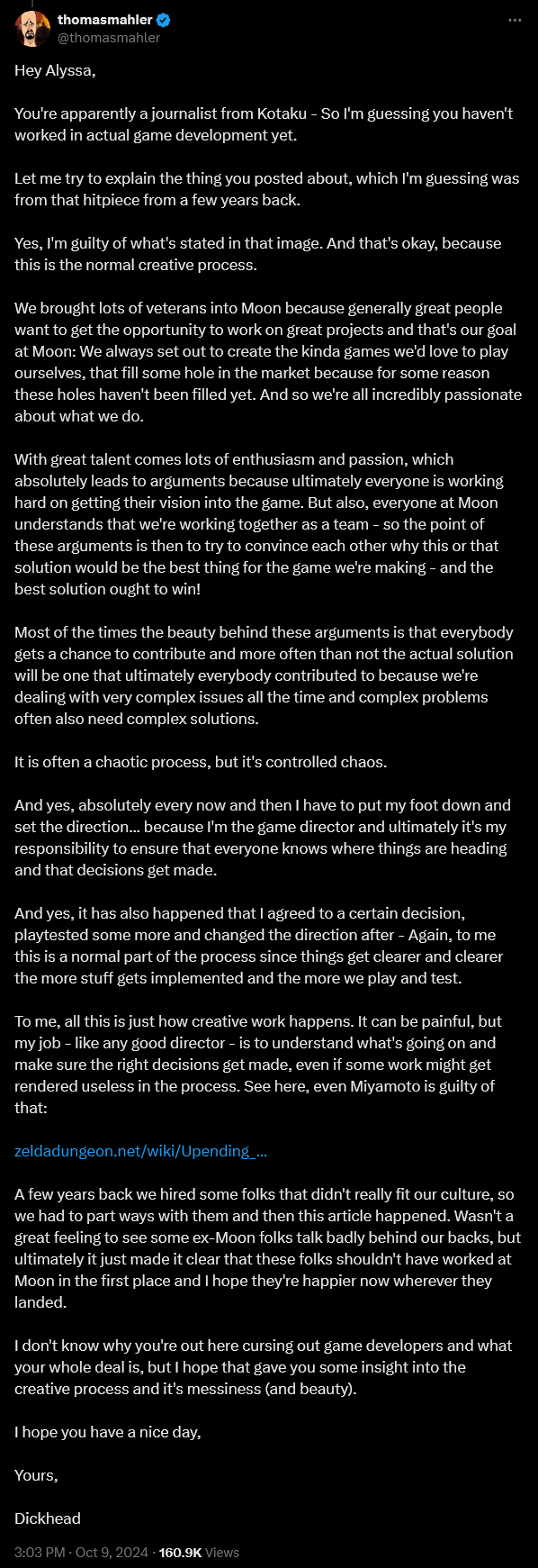 Moon Studios' 'Ori' series director pushes back after Kotaku Senior Editor Alyssa Mercante attempts to insult him.