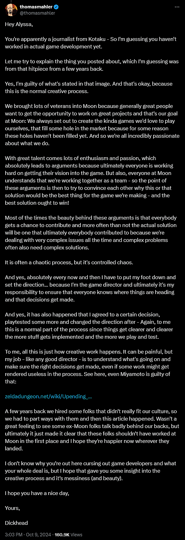 Moon Studios' 'Ori' series director pushes back after Kotaku Senior Editor Alyssa Mercante attempts to insult him.