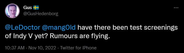 A fan discusses rumors regarding the ending to 'Indiana Jones 5' with director James Mangold on Twitter