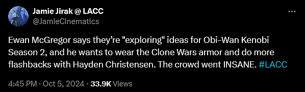 Jamie Jirak relays information from Ewan McGregor regarding a potential second season of 'Obi-Wan Kenobi'.