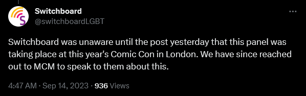 Switchboard has a row over MCM London's decision to host a Harry Potter and The Cursed Child production panel.