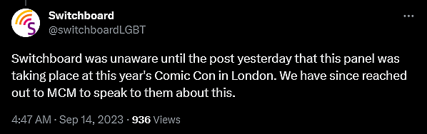 Switchboard objects to MCM London hosting a Harry Potter and The Cursed Child panel