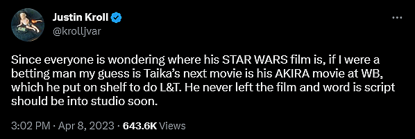 Justin Kroll provides an update on Taika Waititi's live-action Akira film.