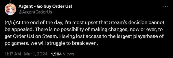 Argent weighs in on Steam's banning of their adult dating sim 'Order Us!'