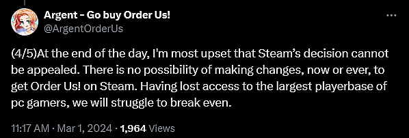 Argent weighs in on Steam's banning of their adult dating sim 'Order Us!'