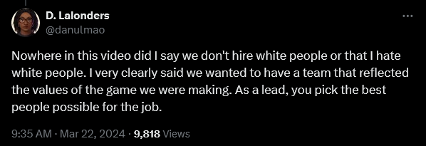 Dani LaLonders responds after a video resurfaced in which she claims she intentionally hired "no white people" for her dating sim 'ValiDate: Struggling Singles in Your Area"