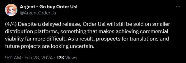 Argent weighs in on Steam's banning of their adult dating sim 'Order Us!'