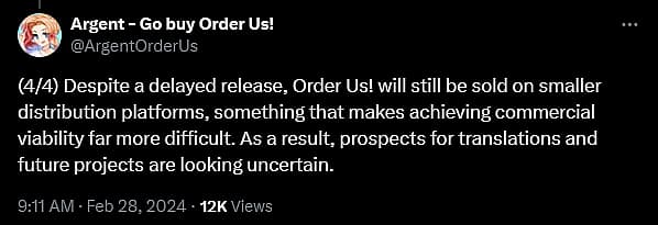 Argent weighs in on Steam's banning of their adult dating sim 'Order Us!'