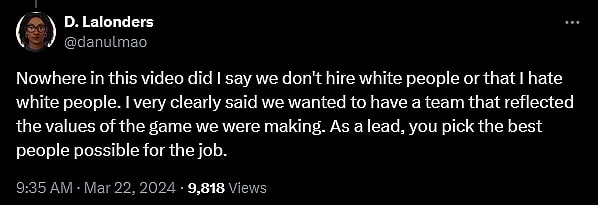 Dani LaLonders responds after a video resurfaced in which she claims she intentionally hired "no white people" for her dating sim 'ValiDate: Struggling Singles in Your Area"