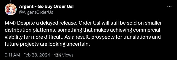 Argent weighs in on Steam's banning of their adult dating sim 'Order Us!'