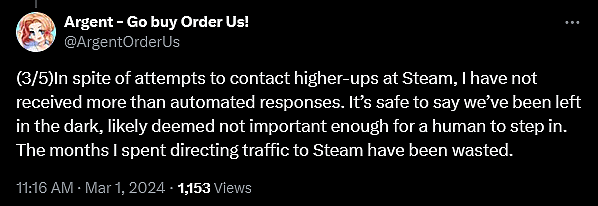 Argent weighs in on Steam's banning of their adult dating sim 'Order Us!'