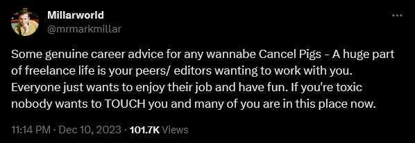 Mark Millar weighs in on the continued existence of cancel pigs within the comic book industry