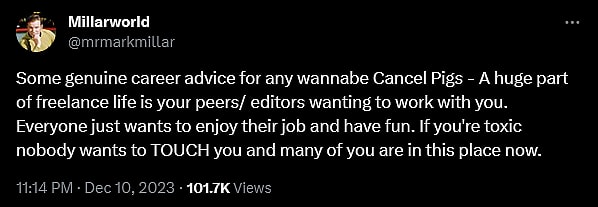 Mark Millar weighs in on the continued existence of cancel pigs within the comic book industry