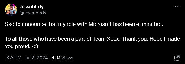 Microsoft Gaming Learning Lead Jessie Thomas announces her position has been eliminated.