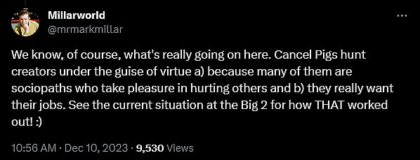 Mark Millar weighs in on the continued existence of cancel pigs within the comic book industry