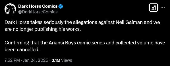 Neil Gaiman's Anansi Boys publisher Dark Horse confirms series cancellation following Gaiman sexual