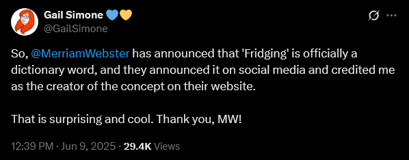 Gail Simone reacts to the term 'fridging' entering the Merriam-Webster Dictionary.