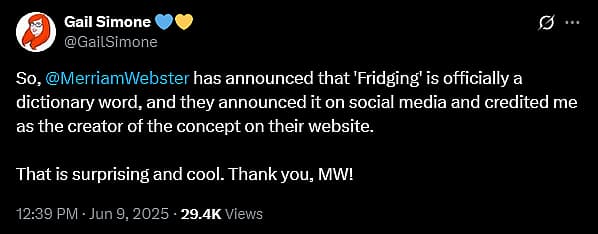 Gail Simone reacts to the term 'fridging' entering the Merriam-Webster Dictionary.