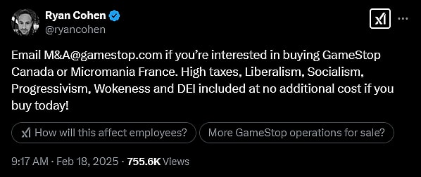 GameStop CEO Ryan Cohen weighs in on the company's desire to exit France and Canada.