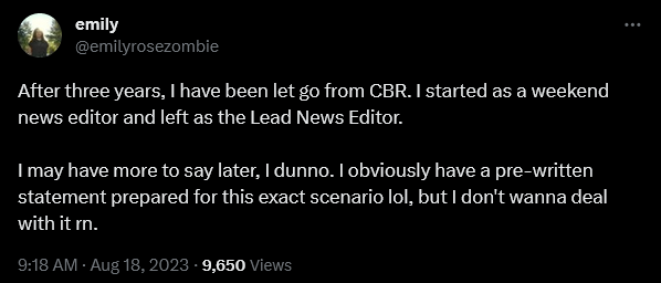 Emily Zogbie announces her firing from Comic Book Resources (CBR)