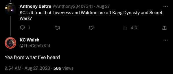 KC Walsh weighs in on the writers situation relating to Avengers: Kang Dynasty and Avengers: Secret Wars