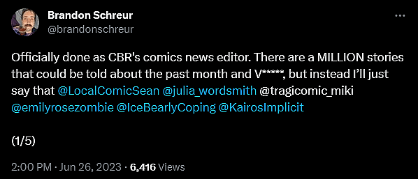 Brandon Schreur announces his firing from Comic Book Resources (CBR)