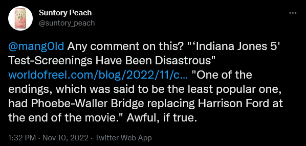 A fan discusses rumors regarding the ending to 'Indiana Jones 5' with director James Mangold on Twitter