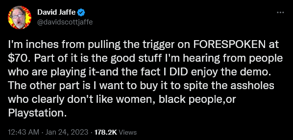 David Scott Jaffe attempts to virtue signal over Forspoken