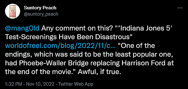A fan discusses rumors regarding the ending to 'Indiana Jones 5' with director James Mangold on Twitter