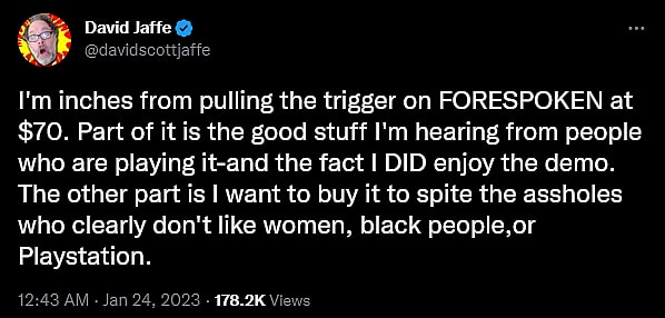 David Scott Jaffe attempts to virtue signal over Forspoken