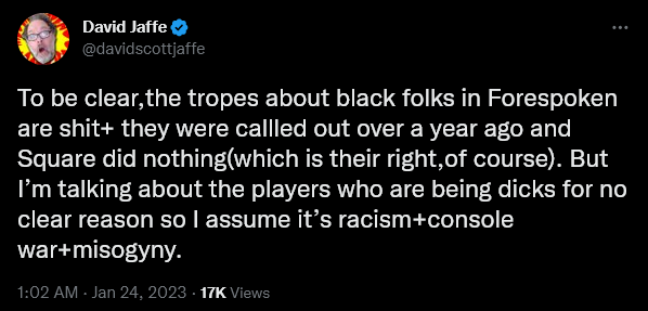 David Scott Jaffe attempts to virtue signal over Forspoken