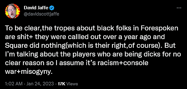 David Scott Jaffe attempts to virtue signal over Forspoken