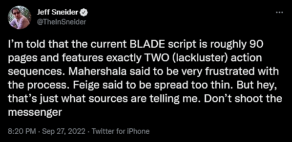 Jeff Sneider has news regarding Marvel's 'Blade' reboot