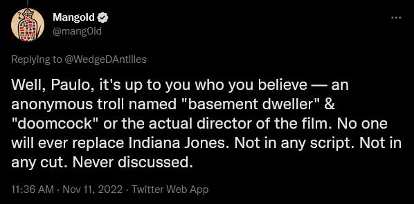James Mangold discusses rumors regarding the ending to 'Indiana Jones 5' on Twitter