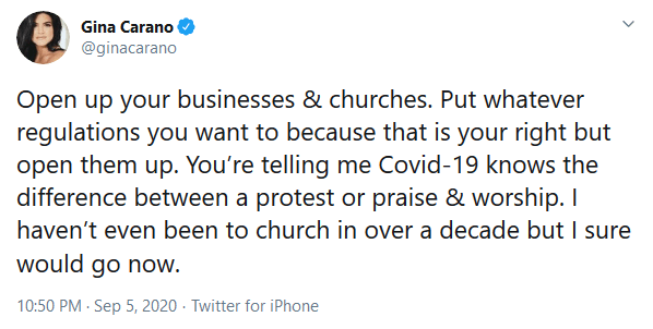 The Mandalorian Star Gina Carano Issues Call to “Open Up Your Businesses & Churches” As US Enters Sixth Month of Lockdowns