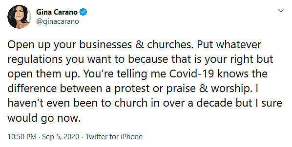 The Mandalorian Star Gina Carano Issues Call to “Open Up Your Businesses & Churches” As US Enters Sixth Month of Lockdowns