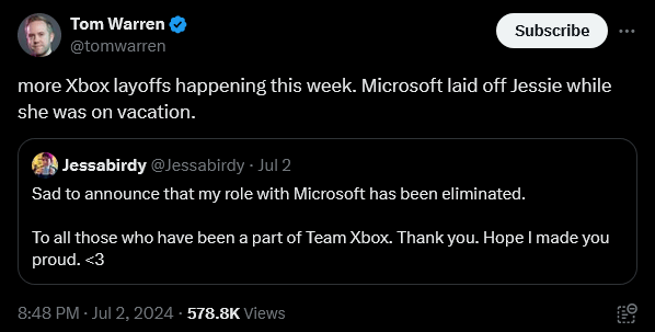 The Verge Senior Editor Tom Warren alleges more Xbox layoffs are incoming