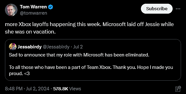 The Verge Senior Editor Tom Warren alleges more Xbox layoffs are incoming