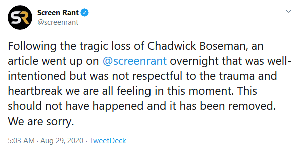 Screenrant Apologizes for Publication of Speculative Black Panther 2 Article Just Hours After the Passing of Chadwick Boseman
