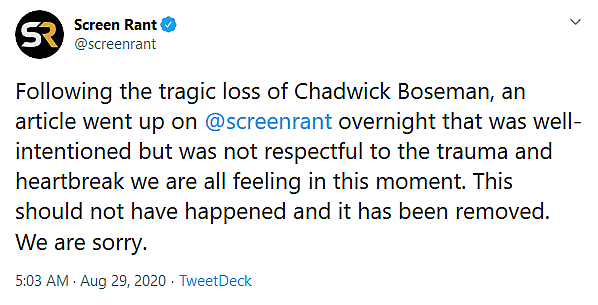 Screenrant Apologizes for Publication of Speculative Black Panther 2 Article Just Hours After the Passing of Chadwick Boseman
