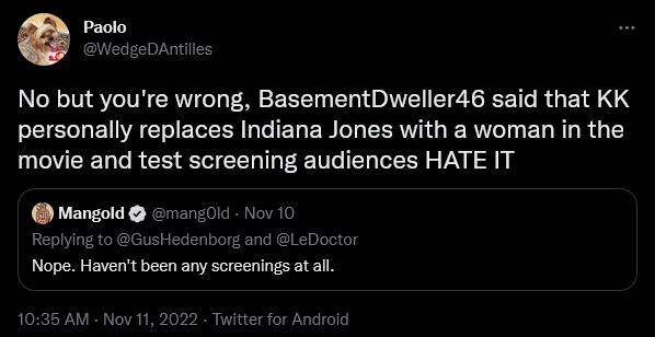 A fan discusses rumors regarding the ending to 'Indiana Jones 5' with director James Mangold on Twitter