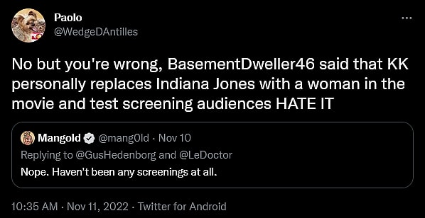A fan discusses rumors regarding the ending to 'Indiana Jones 5' with director James Mangold on Twitter