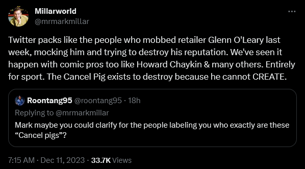 Mark Millar weighs in on the continued existence of cancel pigs within the comic book industry