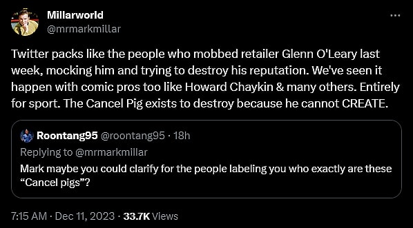 Mark Millar weighs in on the continued existence of cancel pigs within the comic book industry