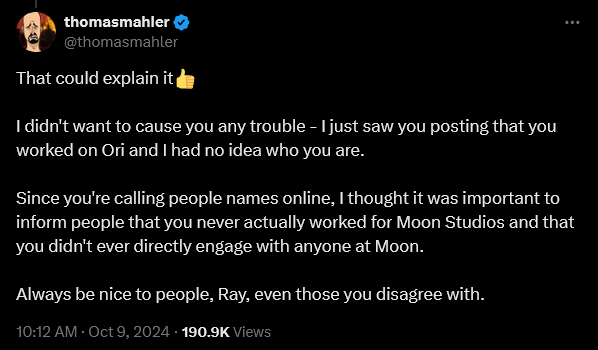 Moon Studios' 'Ori' series director pushes back after Kotaku Senior Editor Alyssa Mercante attempts to insult him.