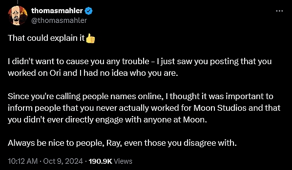 Moon Studios' 'Ori' series director pushes back after Kotaku Senior Editor Alyssa Mercante attempts to insult him.